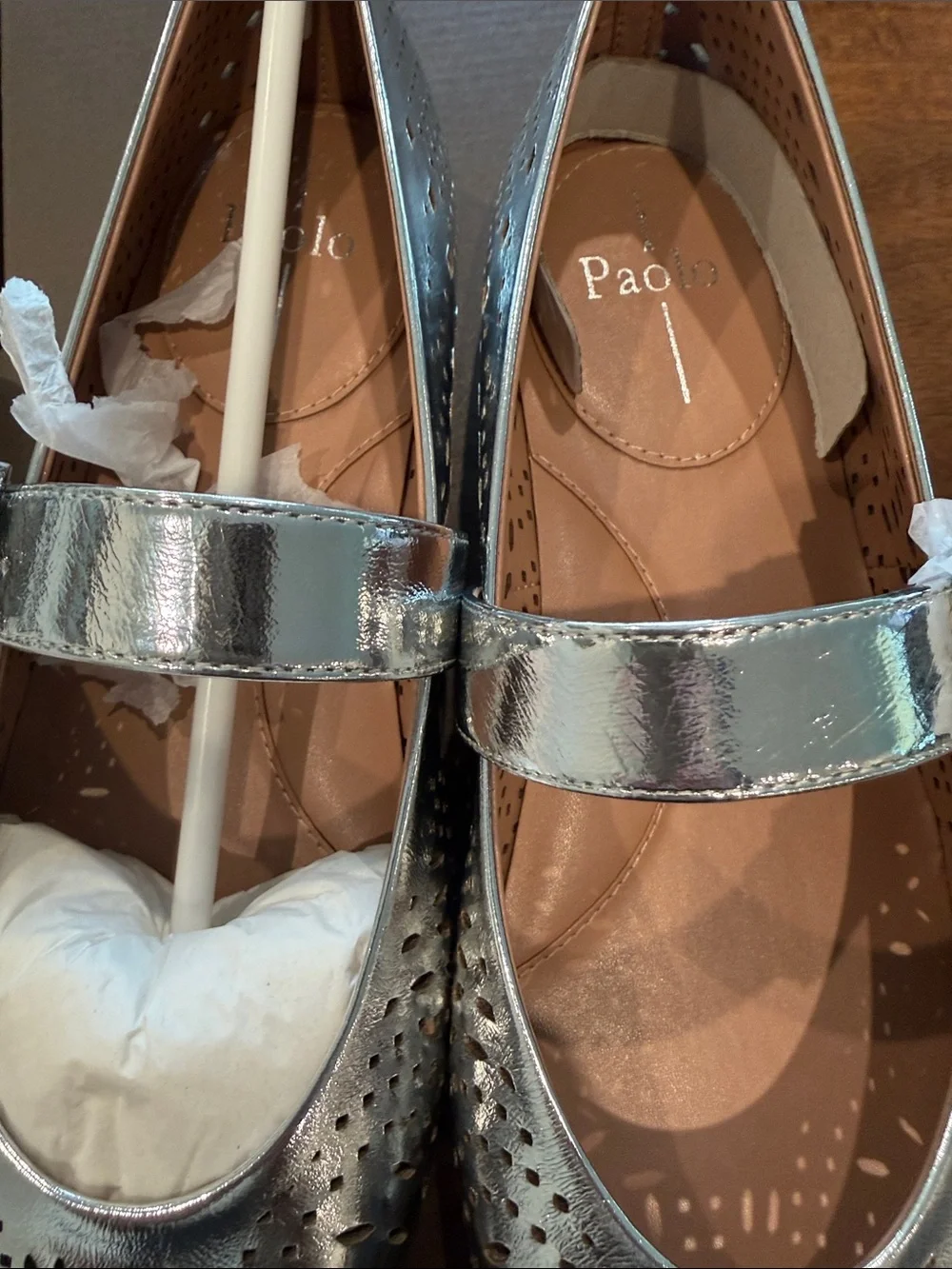Paolo Silver Perforated Mary Jane Flats